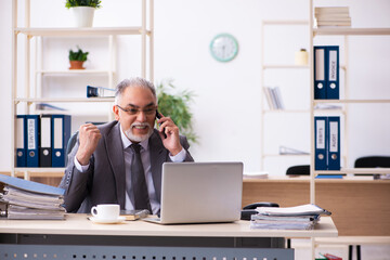 Old male employee using phone in the office