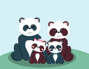 Panda bear family with four animals