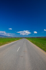 Asphalt road between green fields
