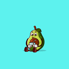 Cute Avocado character sitting with drink avocado juice. Fruit character icon concept isolated. flat cartoon style Premium Vector