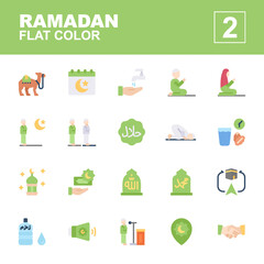 Icon set Ramadan made with flat color technique, contains a camel, ramadan day, salat, iftar, prayer, halal, qiblat, zam-zam, adzan, allowance, sujud and more. You can be used for web, mobile and ui.