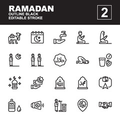 Icon set Ramadan made with flat color technique, contains a camel, salat, iftar, prayer, halal, qiblat, adzan, sujud and more. You can be used for web, mobile and ui. Editable stroke and pixel perfect