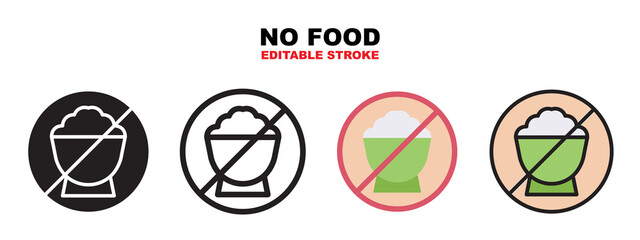 No Food icon set with different styles. Icons designed in filled, outline, flat, glyph and line colored. Editable stroke and pixel perfect. Can be used for web, mobile, ui and more.