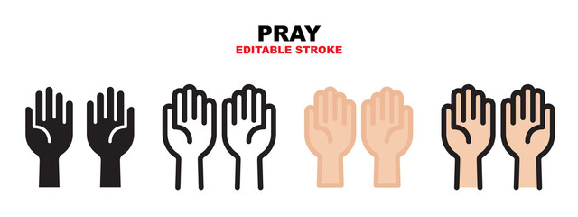 Pray open hand icon set with different styles. Icons designed in filled, outline, flat, glyph and line colored. Editable stroke and pixel perfect. Can be used for web, mobile, ui and more.