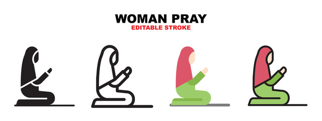 Woman Pray icon set with different styles. Icons designed in filled, outline, flat, glyph and line colored. Editable stroke and pixel perfect. Can be used for web, mobile, ui and more.