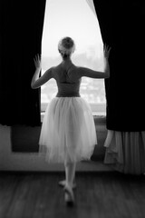 Young and graceful ballerina in pointe shoes and a black dress dancing in the studio. Choreography and dancing classes concept. Creative ideas of ballet posing, performance. 