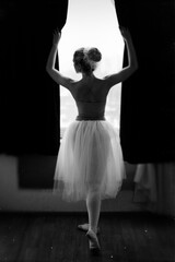 Fototapeta na wymiar Young and graceful ballerina in pointe shoes and a tutu dances in the studio. Choreography and dancing classes concept. Creative ideas of ballet posing, performance. Black and white photo. 