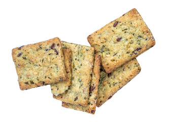 Dry crackers isolated on white background. Cracker cookies with herbs top view.