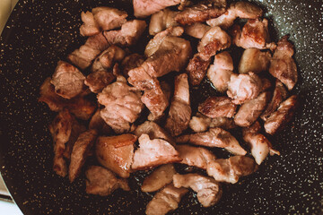 Food ingridients: meat, onion, ginger for recipe stewed beans with meat frying in a pen on a stove. Steps in cooking, process of preparing food. Concept of homemade healthy food.