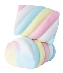 Big and twisted marshmallow candy isolated over white background. Soft and pastel colored zephyr, marshmallow macro image.