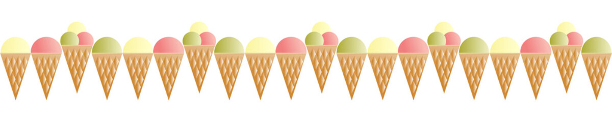 Ice cream border. Different filling cones. Isolated vector illustration on white background