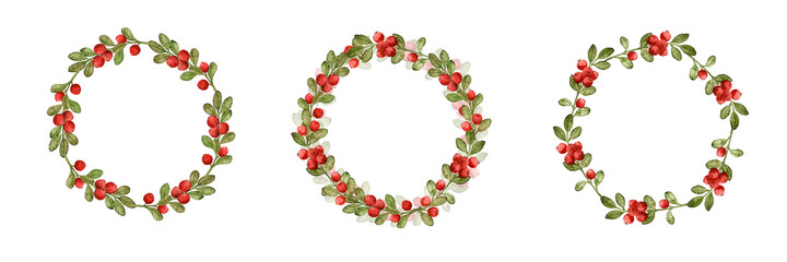 Set of watercolor wreaths with lingonberry branches isolated on white background. Berries. Autumn, summer. For postcards. Wedding invitations.