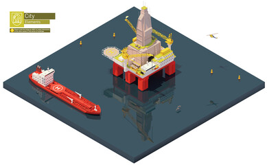 Vector isometric offshore drilling rig or oil platform and tanker ship. Oil well drilling, exploration, extraction of petroleum and natural gas