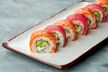 Delicious sushi Philadelphia roll with cream cheese, avocado, salmon and tuna in a white plate on a gray background. Japanese food. shallow depth of focus