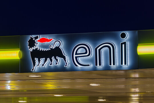 ENI SpA logo is illuminated on the company's service station in Imperia, Italy, October 8, 2020