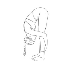 Flexible yogi woman. Hatha yoga forward fold pose. Engraved vector illustration in white background