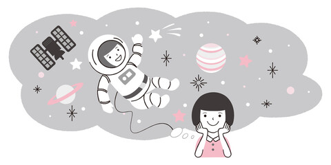 手書き線画イラスト　将来宇宙飛行士になりたい女の子 © yoshidaakiko1223