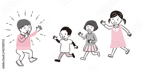 手書き線画イラスト 園児 幼児 男の子女の子 笛で呼び寄せる Wall Mural Yoshidaakiko1223