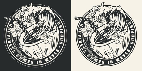 Surfing club vintage monochrome round badge © DGIM studio