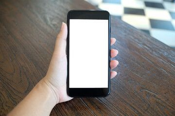 Close up of women's hands holding cell telephone blank copy space screen. smart phone with technology concept