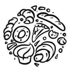Bakery graphics are combined into a circular shape.