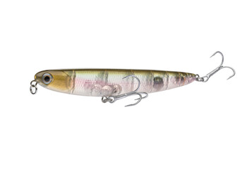 Wobbler with hooks for fishing as bait for fish, which is used for spinning. Fishing tackle for a fisherman.