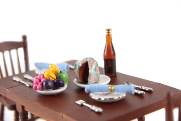dollhouse interior - served dining table isolated on white background