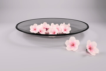 Pink sakura flowers close-up on a glass plate. 3D rendering.