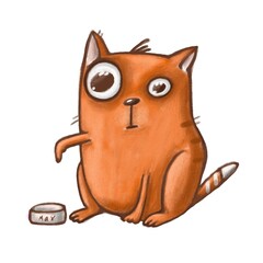 cute hungry cat clipart, hand drawn funny illustration