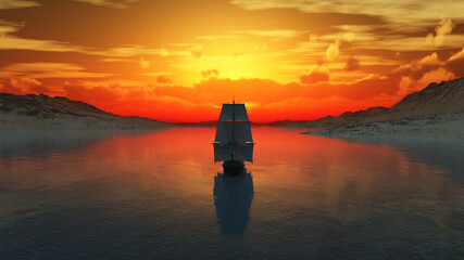 old ship at sea sunset illustration © aleksandar nakovski