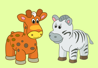   African animals. In the world of animals, nature. Vector image of animals in color. giraffe,  zebra 