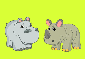  African animals. In the world of animals, nature. Vector image of animals in color.  hippopotamus, rhinoceros