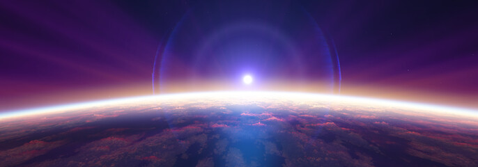 Earth sunrise from space over cloudy ocean. 3d rendering © aleksandar nakovski