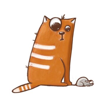 cute funny cat cought a mouse, hand drawn comic clipart, funny illustration