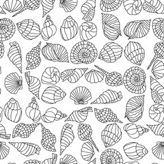 Seamless pattern of outlines various sea shells