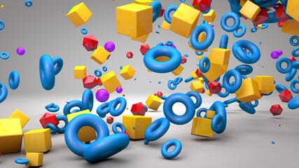 Diseño abstracto de figuras geométricas coloridas. Cubo, toroide, esferas, geometría tridimensional. Fondo 3d