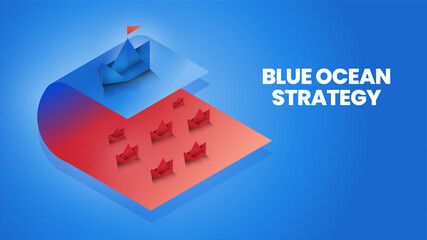 Isometric blue ocean strategy is comparison 2 market  red ocean and blue ocean market and customer for marketing analysis and plan. The origami presentation metaphor pioneer market has no competition  © Whale Design 