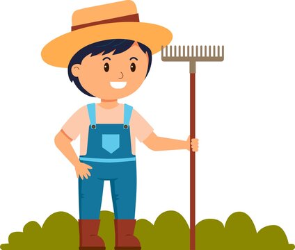 Cute cartoon young guy farmer holding rake isolated on white background. Vector illustration.