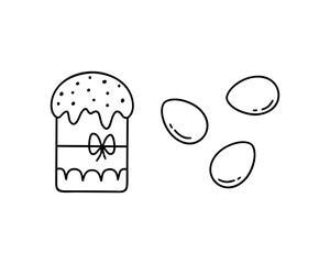 Contour easter cake with bow and single eggs. Black hand drawn icons set. Traditional symbol of religious holiday. Doodle isolated vector on white background