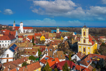 Szentendre, hungary - Aerial view of the city of Szentendre on a sunny day with Belgrade Serbian...