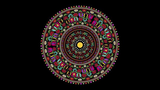 Decorative rotating icon with traditional Hungarian embroidery symbols. Seamless loop over black background.
