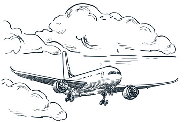 Plane flies in sky vector sketch illustration. Air travel, tourism flight hand drawn isolated design elements - 427025701