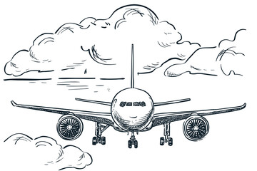 Plane flies in sky, hand drawn vector sketch illustration. Tourism, travel and vacation isolated design elements