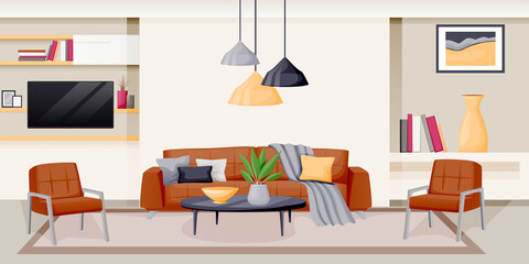 Modern living room interior. Vector flat cartoon illustration. House luxury apartment. Contemporary home background