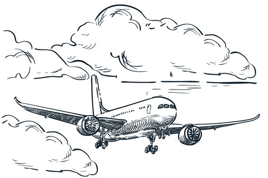 Plane flies in sky vector sketch illustration. Air travel, tourism flight hand drawn isolated design elements