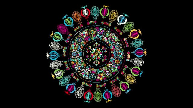 Decorative rotating icon with traditional Hungarian embroidery symbols. Seamless loop over black background.