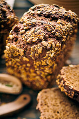 Homemade bread on dark wooden table