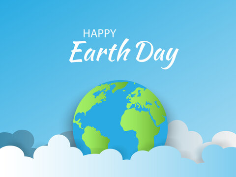 Earth Day.Banner Earth Day with a planet Earth in the blue clouds. Paper cut or origami sky.World Earth Day BackgroundWorld saving,protection family and environment concept.Globe.Vector.