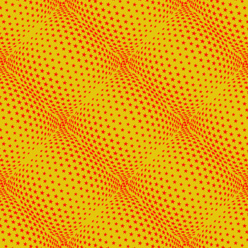 Seamless red and yellow dot halftone pattern with optical wave texture. Retro Pop Art and 1960s Op Art vector background for dynamic wallpaper, fabric, and creative graphic design.