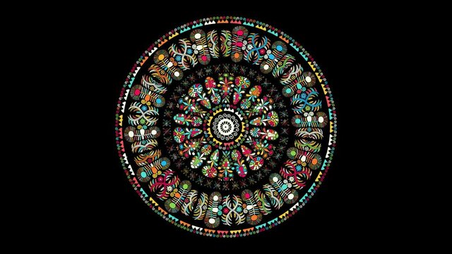Decorative rotating icon with traditional Hungarian embroidery symbols. Seamless loop over black background.
